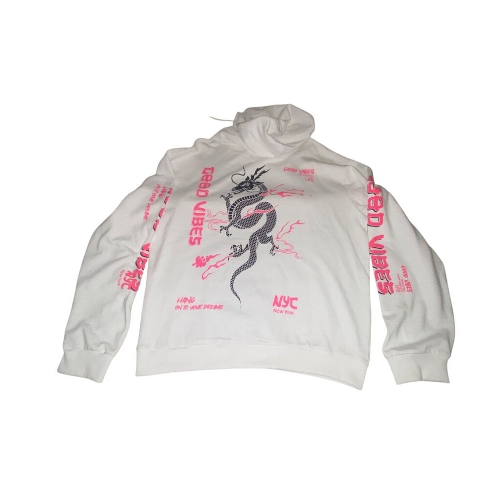 Good Vibes NYC Dragon Hoodie 2X White Pink Graphic Cotton Casual On Fire